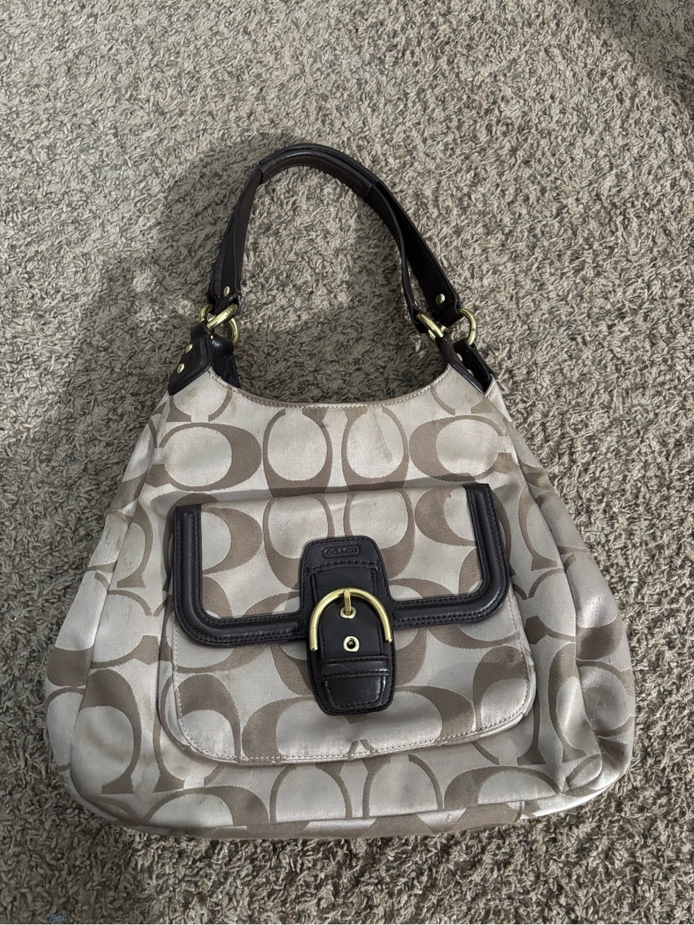 Coach Beige/Chalk Signature Canvas Shoulder Bag with Dark Brown Trim
